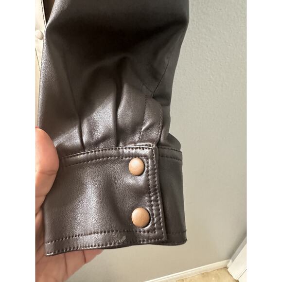 SFIZIO Women's Brown Color Block Faux Leather Patchwork Shacket Size Medium NWOT - Picture 14 of 14